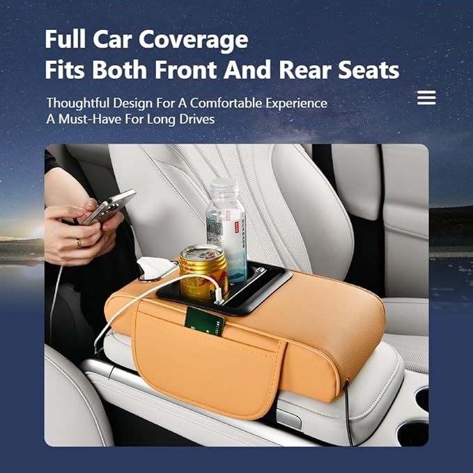 Car Armrest Pad Cover with Red Starry Sky LED Projection, Dual Type-C Charging Ports, Leather Car Center Console Cushion with Cup Holder, Tissue Holder (Red Starry Sky LED Projection, Beige)