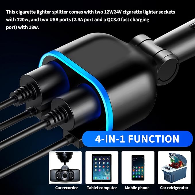 2026 Upgrade Car Cigarette Lighter Splitter,4 in 1 Double Cigarette Lighter Adapter with USB Port 2.4A & QC3.0 Super Fast for Mobile Phone,Dash Cam,12/24V Car Charger with LED Voltmeter