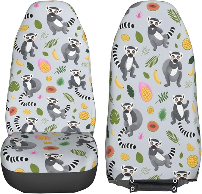 Delerain Car Seat Covers Set 2Pcs, Lemur with Tropical Fruits Universal Front Car Seats Vehicle Enterior Protector Suitable Fits Most Car Auto SUV Sedan Truck