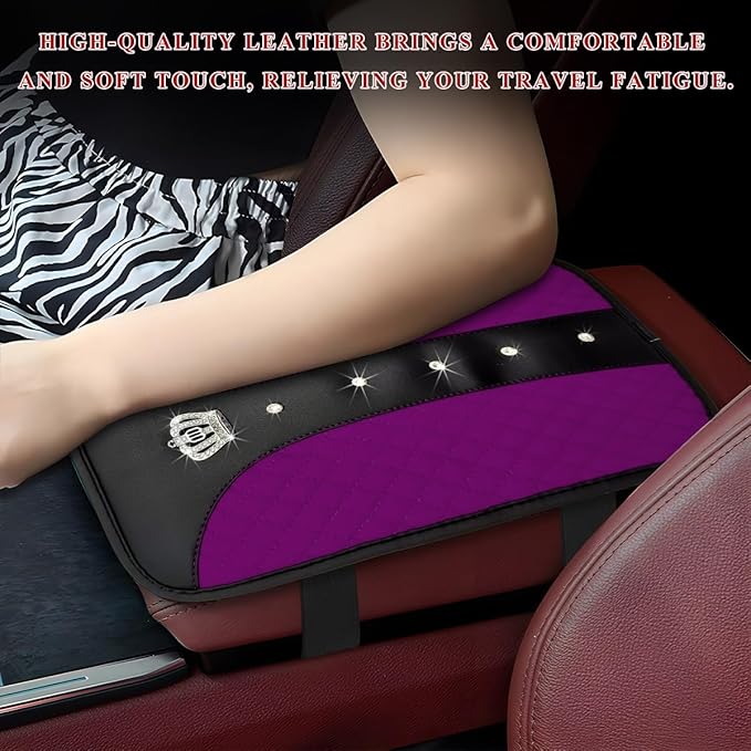Bling Leather Car Center Console Cover, Anti-Slip Crown Armrest Seat Box Cushion Pad with Rhinestones, Waterproof Crystal Arm Rest Protector Interior Decor for Most Vehicles (Purple)