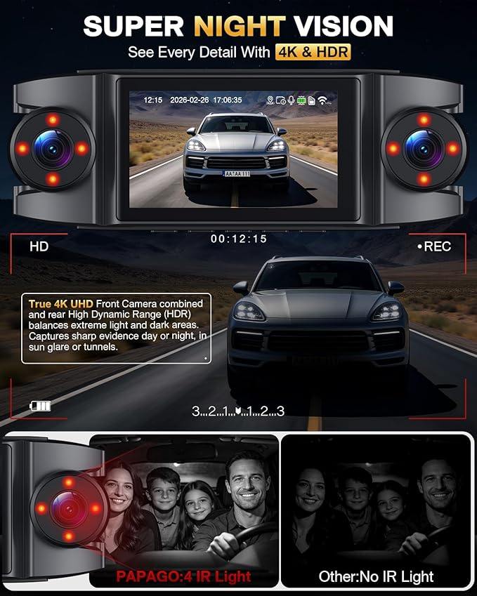 4 Channel 360° Dash Cam Front Rear and Left Right Inside, 4K+1080P*3 Dash Camera for Cars with Free 128GB SD Card, 5.8GHz WiFi-30MB/s, 24H Parking Mode, G-Sensor, GPS, Night Vision, Voice Control