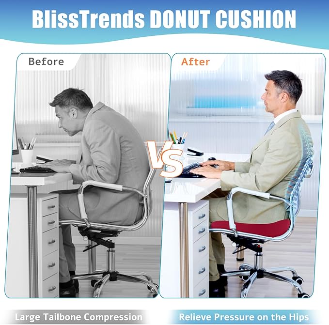 BlissTrends Donut Pillow Seat Cushion, Donut Chair Cushions for Postpartum Pregnancy & Hemorrhoids, Tailbone Pain Relief Cushion, Memory Foam Lifting Cushions for Office & Home Chairs (Red, X-Large)