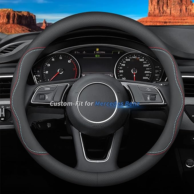 Custom-Fit for Mercedes Benz Steering Wheel Cover, Premium Leather Car Steering Wheel Cover with Logo, Non-Slip, Breathable,