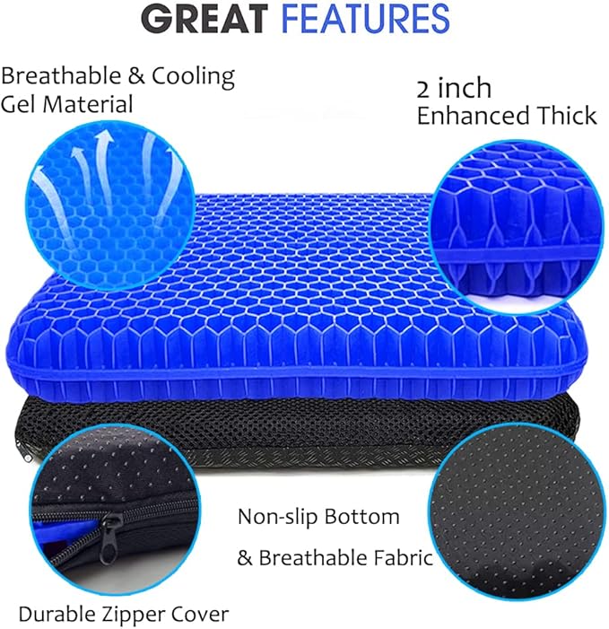 Gel Seat Cushion for Long Sitting, Extra Thick Gel Cushion for Wheelchair Soft Chair Pads Cushions for Office Home Chairs Car Seats Long Trips - Back Sciatica Hip Tailbone Pain Relief Cushion (Blue)