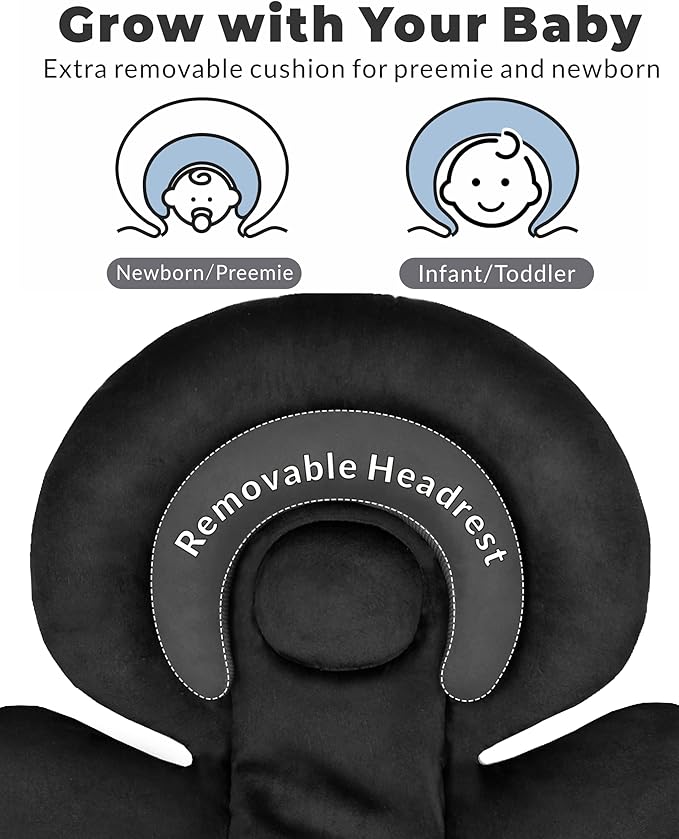 Infant Car Seat Insert with Removable Cushion for Preemie to Toddler, Reversible Newborn Carseat Insert for Baby Head Body Support, Fits for Stroller, Baby Swing, Bouncer (Pure Black)