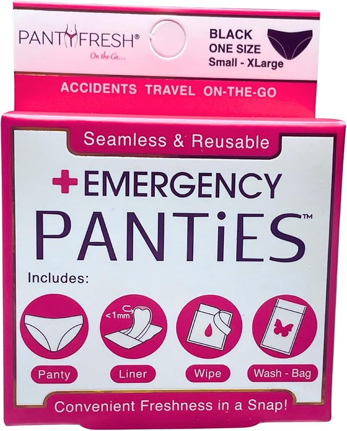 Emergency Panties 4in1 Kit Includes Seamless Bikini Underwear, Fresh Wipe & Liner Accidents Travel On-The-Go Hygiene Toiletry Kit Black Bikini