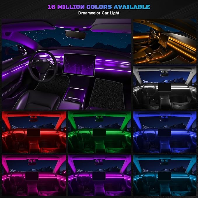 RGB Acrylic Interior Car LED Strip Light with Wireless APP, Car Accessories 6 in 1 with 175 inches 593 LEDs Fiber Optic Ambient Lighting Kits, Dynamic Music Sync Neon LED Strip Light for Car
