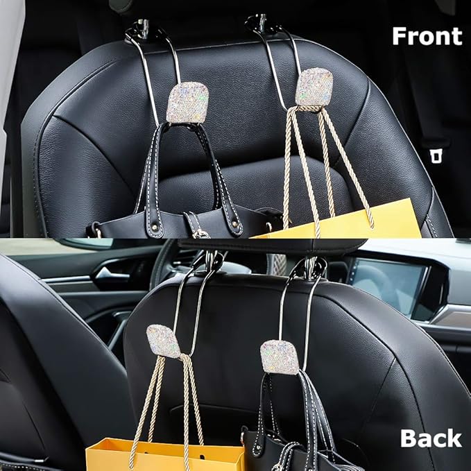 SAVORI Car Headrest Hooks Bling Car Accessories Rhinestones Universal Auto Back Seat Headrest Metal Hanger Organizer Vehicle Holder for Bag Purse Clothes Grocery 2PCS (AB)