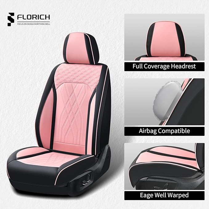 FLORICH Automotive Seat Covers Leather Pink Seat Covers for Cars Front Seats Waterproof Car Seat Cushion Interior Covers Protector Vehicle Seat Cover Universal Fit for Most Car Truck SUV, Black&Pink