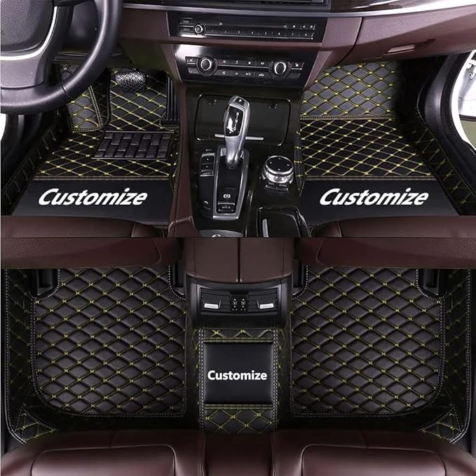 Customize Making Car Floor Mats for 99.99% Sedan SUV Pickup Truck Full Coverage Men Women Cute Leather Protection Pads Non-Slip Floor Liners (Black Yellow Thread)