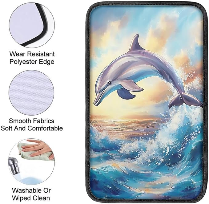 Suobstales Dolphin Sea Wave Sunset Print Car Armrest Pad Soft Center Console Arm Rest Protector Cover Universal Car Interior Accessories Decoration