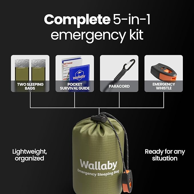 Wallaby 2-Pack Emergency Mylar Sleeping Bags with Nylon Pouches, Whistle Pull & Paracord with Carabiners, Free Survival Guide