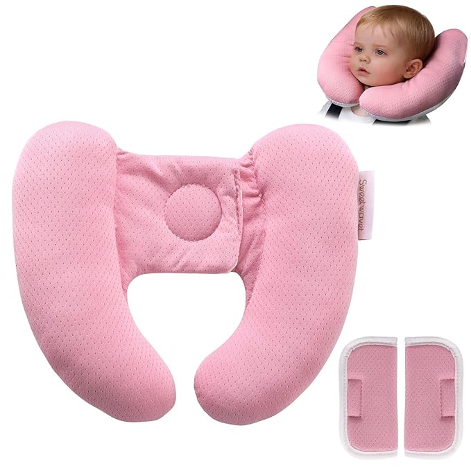Baby Neck Pillow for Car Seat and Stroller, Adjustable Baby Head Support Pillow for Travel, Soft and Cushiony Torticollis Pillows for Infant and Newborn (Pink)