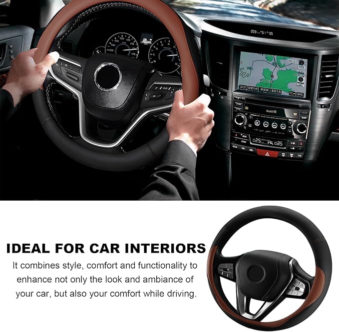 Leather Steering Wheel Cover, 15 Inch Soft Breathable Car Wheel Cover with Anti-Slip Lining, Universal Comfortable Steering Wheel Protector for Most Cars Trucks SUVs (Coffee)