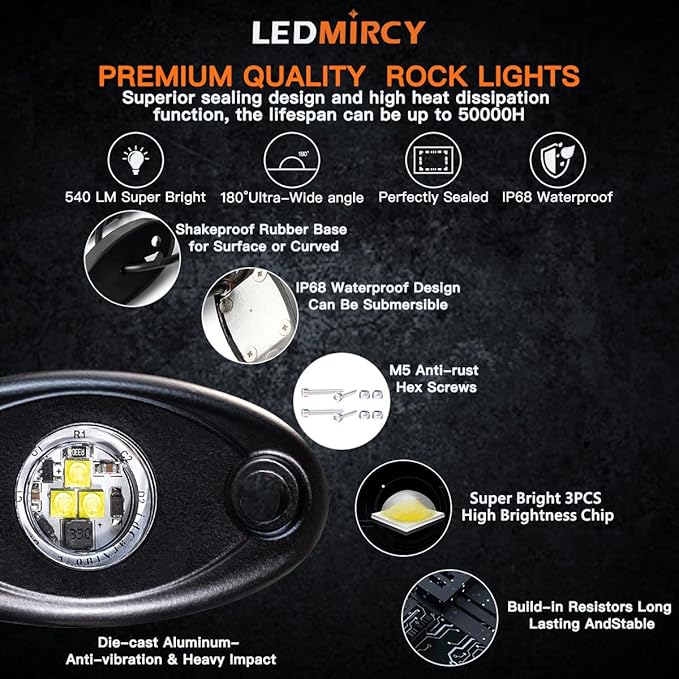 LEDMIRCY LED Rock Lights White 8PCS for Off Road Trucks RZR Boat Car Auto ATV UTV SUV Underglow Trail TRAI Rig Lights Underbody Neon Light High Power Waterproof Shockproof(8PCS-White)