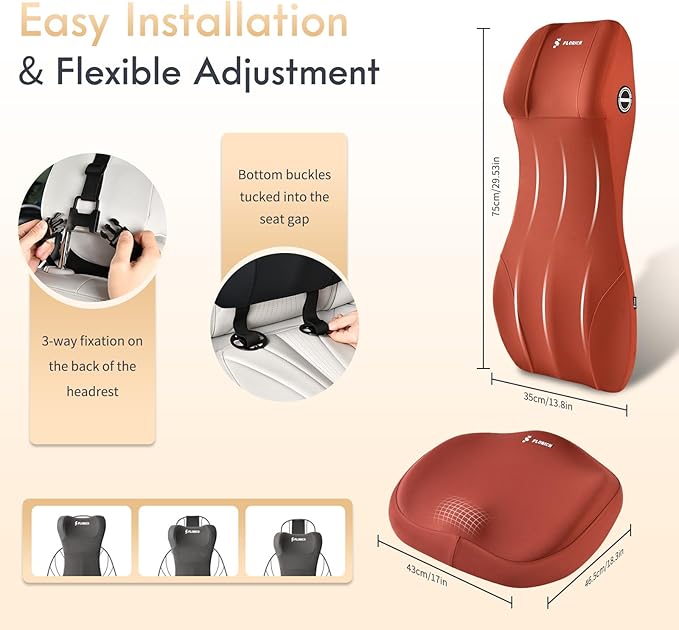 FLORICH Memory Foam Car Seat Cushion with Lumbar Support Headrest Pillow 2-in-1 Ergonomic Back Support and Neck Pillow Car Cushion for Driving Seat Back Rest Pillow Pressure Sciatica Pain Relief, Red