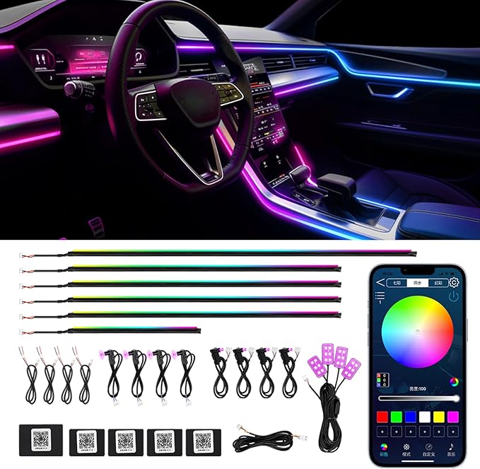 Dreamcolor Acrylic Interior Car LED Strip Lights, Car Ambient Lighting Kit with APP Control, Decorative Lights with Dynamic Chasing Sync to Music, RGB Neon Lighting (18 in 1)