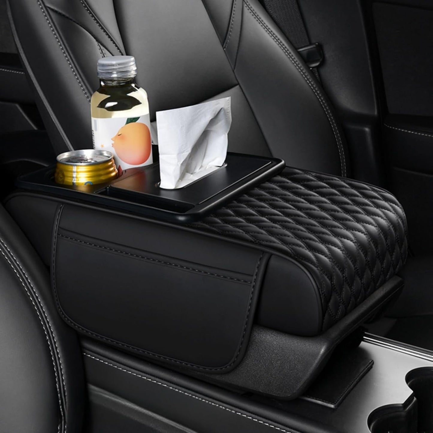 5-In-1 Center Console Cover Organizer with Cup Holder, Storage Pocket and Tissue Box, Armrest Cover Cushion Pad, Water Ripples, Black