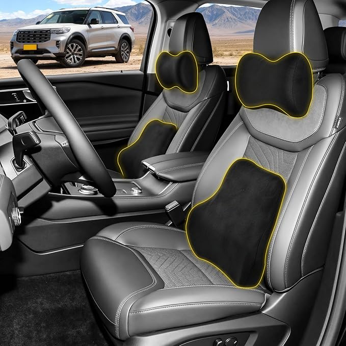 Car Neck & Lumbar Support Pillow Set for Ford Explorer, Soft Memory Foam Headrest & Back Cushion, Ergonomic Comfortable Seat Support for Daily Driving and Long Trips Car Interior Accessories