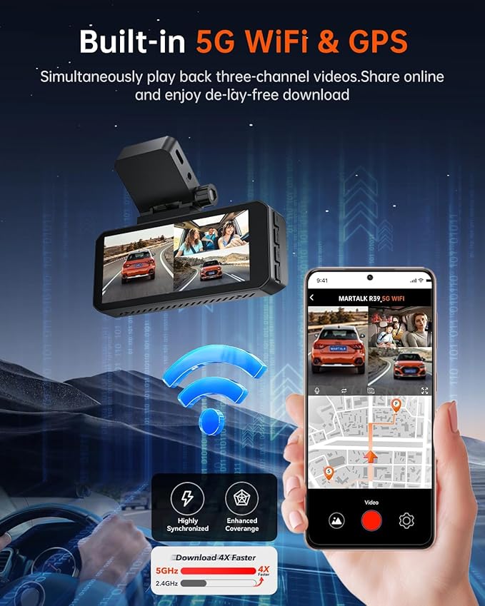 R39 Dash Cam Front and Rear,Dash Cam 3 Channel 5K with Built-in GPS & 5G WiFi.UHD 4K+1K+1K Triple Car Camera, 3.99" IPS Touch Screen, 64GB Card, Front, 24/7 Parking Monitoring for Dash Camera