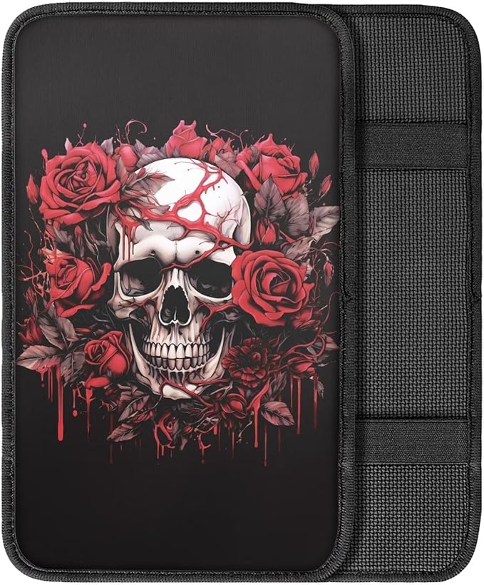 Dreaweet Skull Rose Auto Center Console Pad Car Armrest Seat Box Cover Protector Universal Fit for Most Cars Vehicles Halloween Car Accessories Decorations