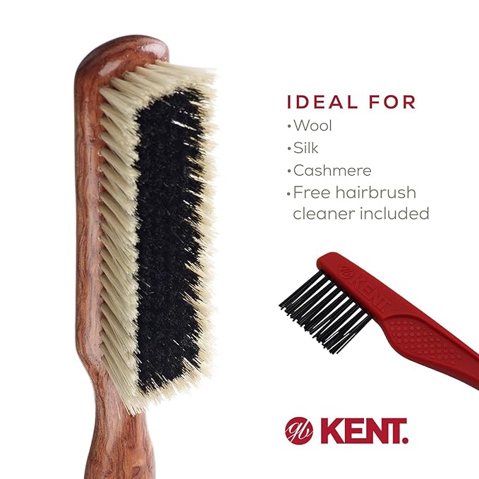 Kent CP6 Clothes Brush. 100% Natural Black & White Boar Bristle Lint Remover Especially for Cashmere, Wool and Silk for Keeping Delicate Fabrics Free from Fibres, Fluff and Pet Hair. Made in England