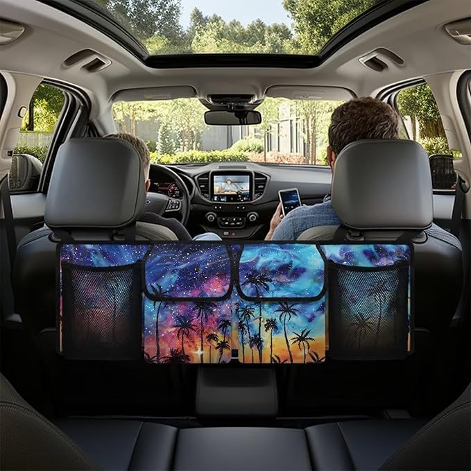 Sunset Palm Tree Car Backseat Hanging Trunk Organizer for SUV Car Storage Bag with 4 Pockets Multipurpose Adjustable Auto Interior Accessories