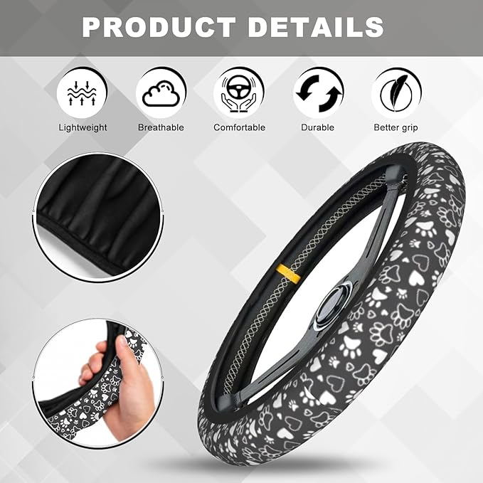 Funny Dog Paw Steering Wheel Cover, Cute Anti-Slip Breathable Car Accessories Interior Elastic Steering Wheel Cover for Men Women Gifts Fit Auto, SUV Vans Truck Universal 14.5-15 Inch