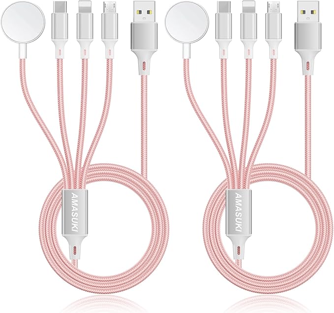 2Pack Multi Charging Cable for Apple Watch Charger 4 in 1 Travel Essentials RV Camping Essentials USB C/L/Micro Compatible with iWatch Series 11-1/iPhone 17/16/15/Android Airplane Gadgets-4FT/Pink