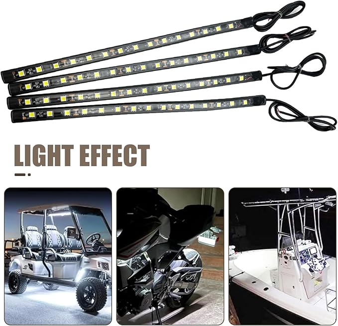 4 PCS Car LED Strip Lights, 5050-15SMD High Brightness Flexible Lamp Strips, IP67 Waterproof 12V DC Bulb with Back-Adhesive, Universal Ambient Lighting for Cars Motorcycles Boats (White)