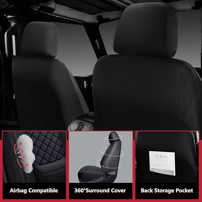Wrangler Seat Covers 2007-2026 Full Set, Waterproof Leather Interior Sets with Lumbar Support Custom Fit for Jeep Wrangler JK JL 4 Door Unlimited Sahara/Sport/Rubicon X 392 Willys, Black Blue
