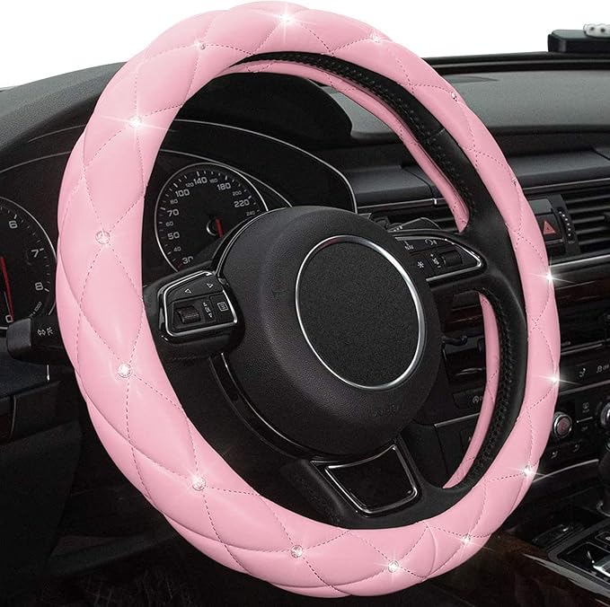 Xizopucy Pink Steering Wheel Cover, Diamond Leather Bling Steering Wheel Cover, Anti-Slip Steering Wheel Protector with Crystal Rhinestones for Women and Girl Fit 14.5-15 inch