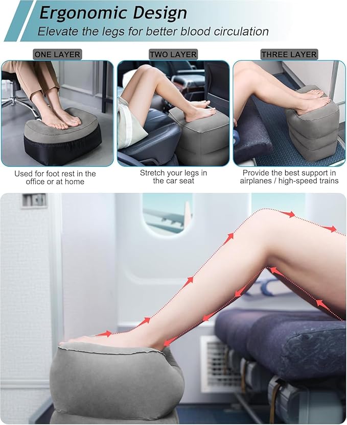 JefDiee Inflatable Foot Rest Pillow, Kids Airplane Bed, Adjustable 3 Layers Height Leg Rest Pillow, Airplane Travel Essentials Great for Office, Home, Trains, Cars