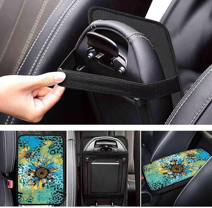 Coldinair Sunflower Auto Car Armrest Cover,Leopard Print Car Center Console Pad,Soft Seat Box Cover Protector Cushion,Car Accessories Decor for Most Cars,Sedan,Truck,SUV