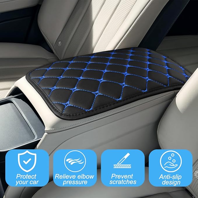 Car Center Console Cushion Pad, PU Leather Vehicle Armrest Cover Protector, Anti-Scratch Automotive Interior Arm Rest Seat Box Mat Accessories, Universal for SUV Sedan Truck (Black/Blue)