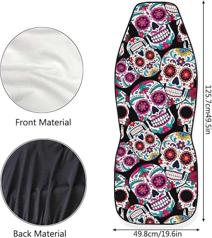 Sugar Skull Car Seat Covers Breathable Front Seat Covers Easy Installation Stretch Polyester Fabric Cover Protection Interior Accessories Universal Fit Most Cars,SUV, Trucks