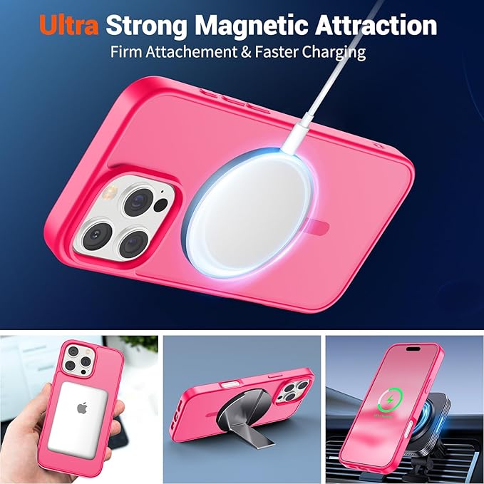 SUPFINE Magnetic for iPhone 16 Pro Case (Compatible with MagSafe) (Military Grade Drop Protection) Slim Translucent Matte Shockproof with Anti-Fingerprint Phone Case,Hot Pink