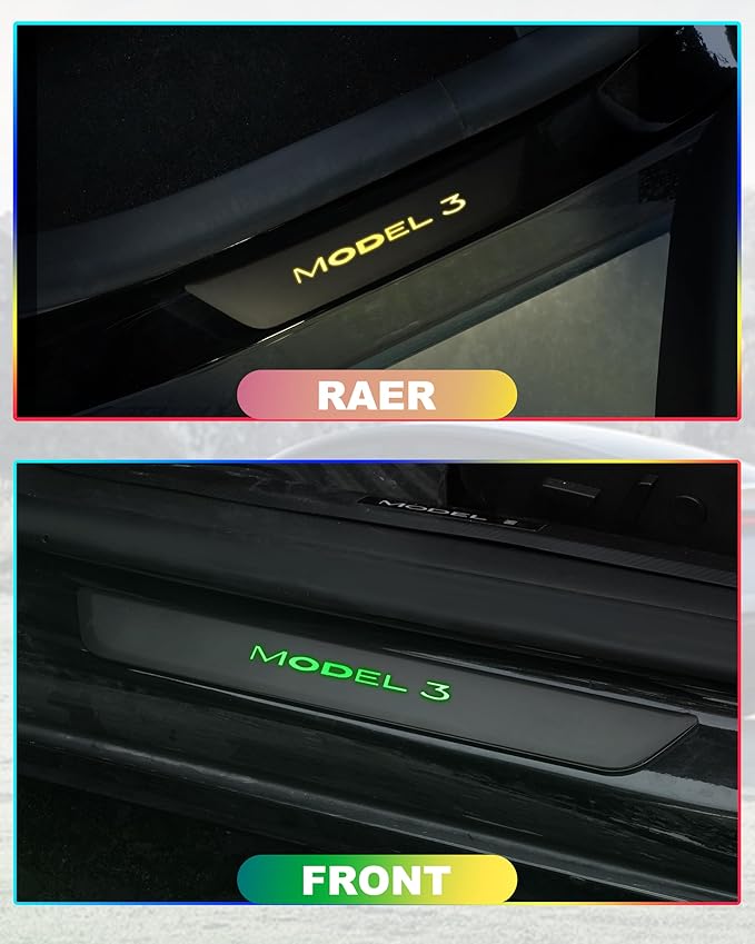 LED Door Sill Lights for Tesla Model 3 2017-2025 Accessories, ABS Scratch-Resistant Sill Protector with 7-Color RGB Lighting, Battery Powered Model 3 Pedal Mood Lamp, Matte Black, 4PCS