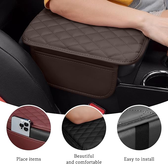 Car Center Console Cover, Universal Center Console Protector Pad with Soft Microfiber Leather & 2 Storage Pockets, Non-Slip Cushion for Car SUV Truck Interior Accessories (Coffee)