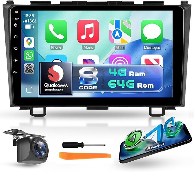 Qualcomm 8-core 4G+64G Car Stereo Radio for Honda CRV 2007-2011, Upriding 9-Inch 1280P QLED Touchscreen Radio with 5G WiFi Wireless Carplay Android Auto BT5.1 DSP/Hi-Res Audio SWC GPS Backup Camera