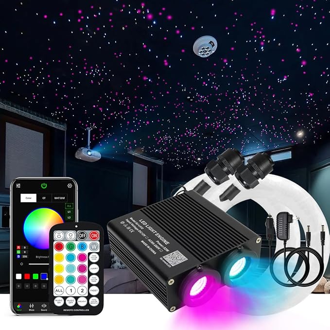 AKEPO New Version 32W Dual-Head 2 Light Color RGBW Fiber Optic Lights, 920pcs of Mixed Optical Fibers in 9.8ft+Small Size Music Activated Fiber Optic Star Ceiling Light for Home/Car Headliner Star