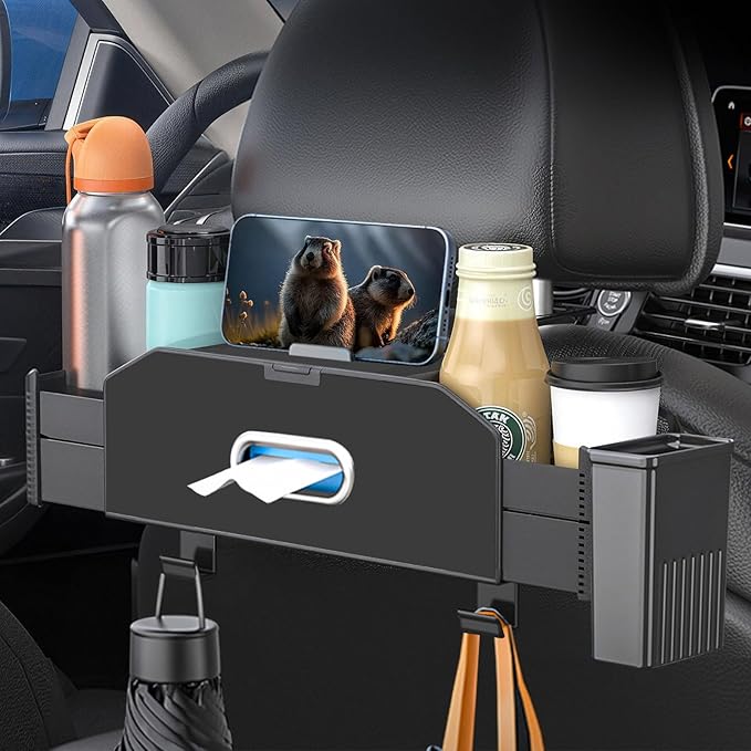 Back Seat Car Organizer,5 in 1 Multifunctional Car Backseat Storage Box with Trash Can Drink Cup Holder Tissue Box, for Hold Phone,Snacks, Drinks, Handbag-Black