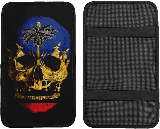 Haitian Flag Haitian Skull Car Armrest Cover Auto Center Console Pad Soft Car Armrest Cushion Handrail Box Universal Decoration Cushion