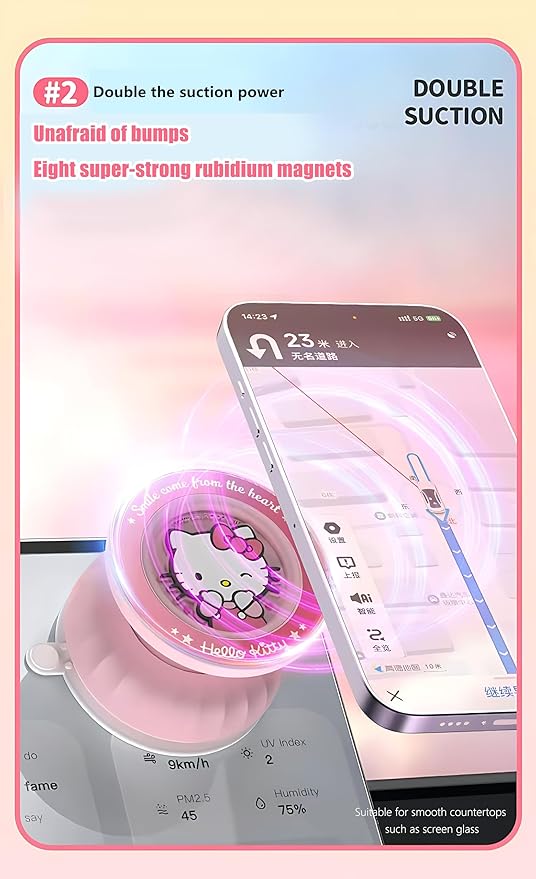 Kitty Magnetic Vacuum Phone Holder, 360° Rotating Pink Magnetic Car Mount, Cute Cat Rotating Holder, Suitable for Cars, Mirrors, Gyms, Kitchens, Hands-Free Portable Phone Holder