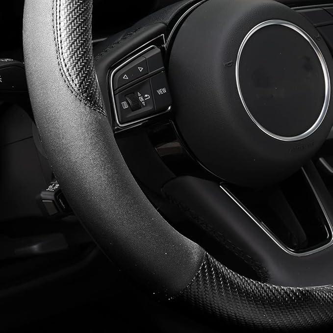 Car Steering Wheel Cover, Soft Microfiber Leather, Universal Fit 15 Inch, Breathable Anti-Slip for Cars, SUVs, Vehicles, Sedans, Trucks, Vans (Black)