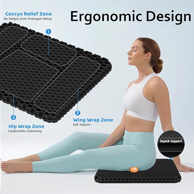 Egg Gel Seat Cushion, Breathable Gel Cushion Chair Pads with Non-Slip Cover for Home Office Car Wheelchair, Honeycomb Design Egg Seat Cushion As Seen On TV (Black)