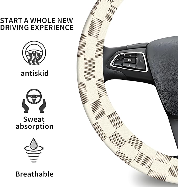 Elastic Car Steering Wheel Cover, Universal 15 inch Non-Slip Breathable Neoprene Steering Wheel Protector, Car Accessories for Women Men Fit Auto, Suvs, Truck Beige Checkerboard
