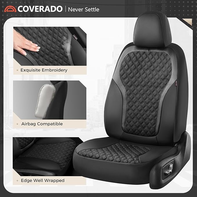 Coverado Front Seat Covers, 2-Pack Luxury Diamond Leather Car Seat Cover with Carbon Fibre Weave Design, Waterproof Car Seat Protectors, Black Driver Seat Covers Universal Fit for Cars SUV Trucks