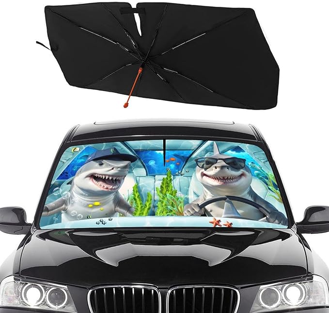 Socira Funny Sharks Car Windshield Sun Shade Umbrella Foldable Sunshade for Front Window Auto Windshield Sunshade Covers Car Accessories Protect from Sun Rays Heat 57'' X 30''
