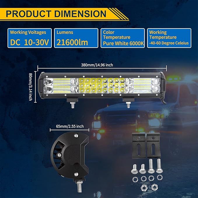 AUXTINGS 15 inch 216W LED Light Bar Triple Row Spot Flood Combo Beam Off Road Lights Waterproof Work Light with Wiring Harness for JP Trucks SUV ATV UTV Boat Lights, 12V 24V